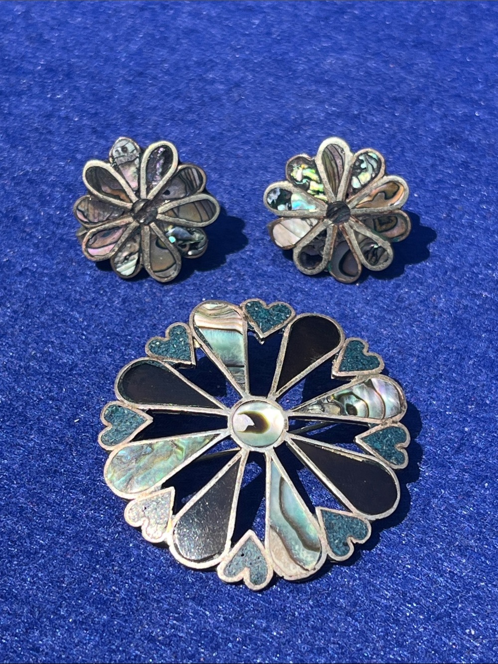 Vintage Silver Brooch & Earring Set Mexican 925